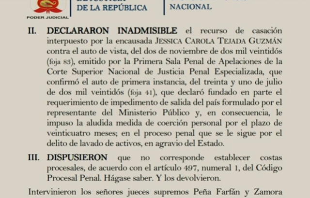 Parte del documento del Poder Judicial que declara "inadmisible" recurso de casación de Tejada. Foto: RPP/ X   