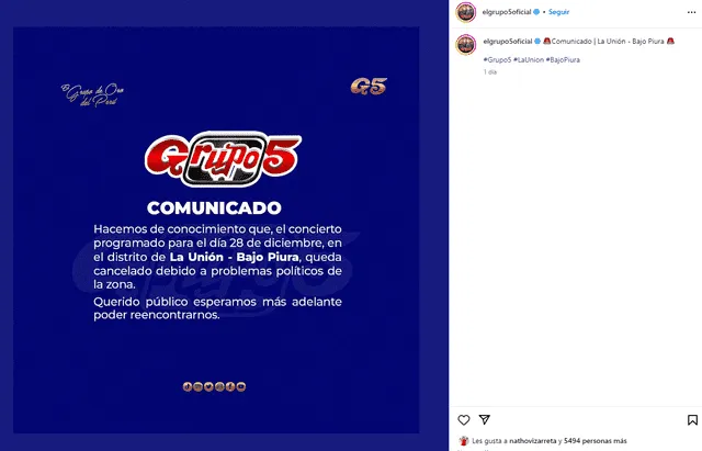 Grupo 5 canceló concierto en Piura. Foto: Instagram/Grupo 5 