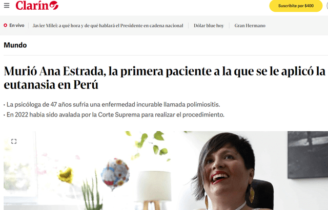 Clarín informó mediante su web oficial el caso de Ana Estrada. Foto: Clarín/captura   