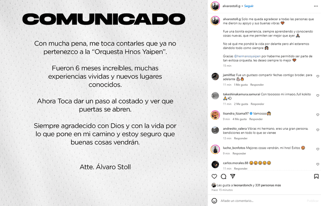 Álvaro Stoll comunicó su retiro de los Hermanos Yaipén. Foto: Instagram/Álvaro Stoll   