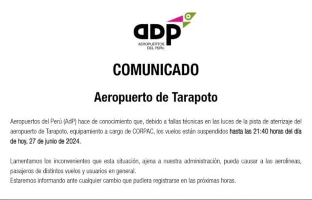 La Asociación de Aeropuertos del Perú comunicó la suspensión de vuelos. Foto: X   