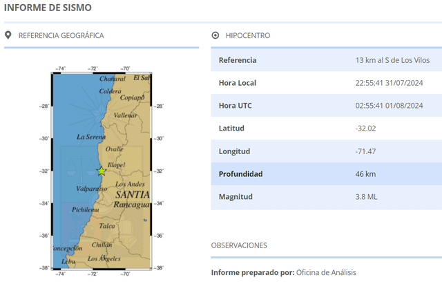  Información del último sismo en Chile. Foto: CSN   