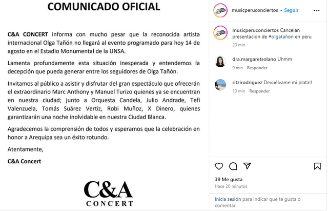  A través de C&amp;A se confirmó la cancelación del concierto de la reconocida cantante Olga Tañón. Foto: Instagram/Music Peru Conciertos   