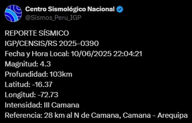 Sismo en Arequipa. Foto: IGP Sismo en Arequipa. Foto: IGP