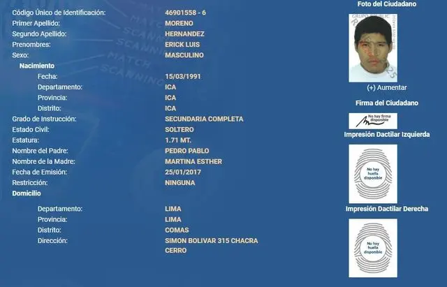 Ficha de Reniec de Erick Moreno Hernández. Foto: Reniec   