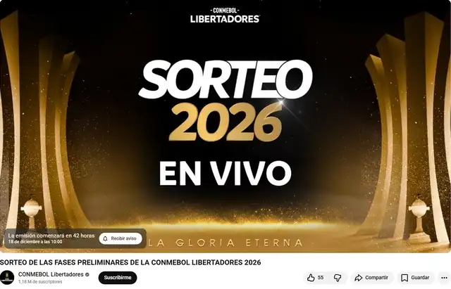 La cuenta oficial del torneo ya tiene en espera la transmisión del sorteo. Foto: captura de Conmebol Libertadores/YouTube La cuenta oficial del torneo ya tiene en espera la transmisión del sorteo. Foto: captura de Conmebol Libertadores/YouTube