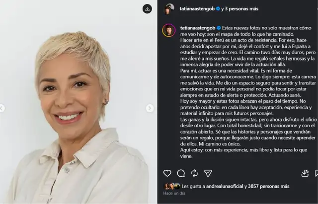 Tatiana Astengo expresa que actuar es fundamental para su vida y que, a pesar de los retos, sigue dispuesta a aceptar nuevos desafíos artísticos. Tatiana Astengo expresa que actuar es fundamental para su vida y que, a pesar de los retos, sigue dispuesta a aceptar nuevos desafíos artísticos.