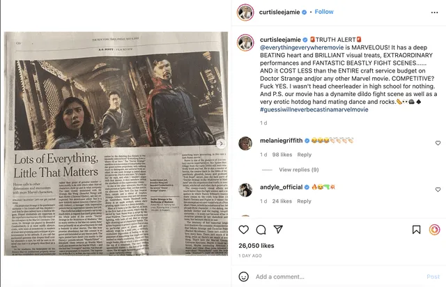 Jamie Lee Curtis critica a Marvel por descomunales presupuestos en sus películas. Foto: Instagram/@curtisleejamie