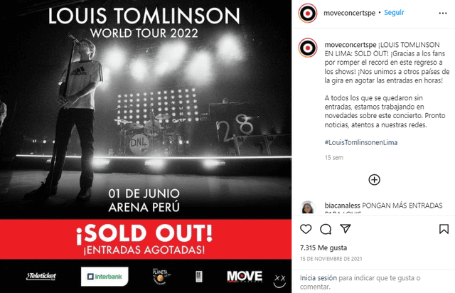 Seguidores de Louis Tomlinson lograron sold out el pasado 13 de noviembre. Foto: Move Concerts Perú/Instagram.