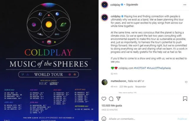 Coldplay anuncia gira mundial y no incluye a Perú. Foto: Instagram