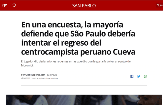 Publicación de Globoesporte sobre Christian Cueva.