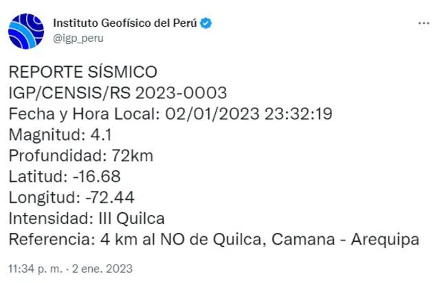 Datos del sismo en Arequipa. Foto: IGP