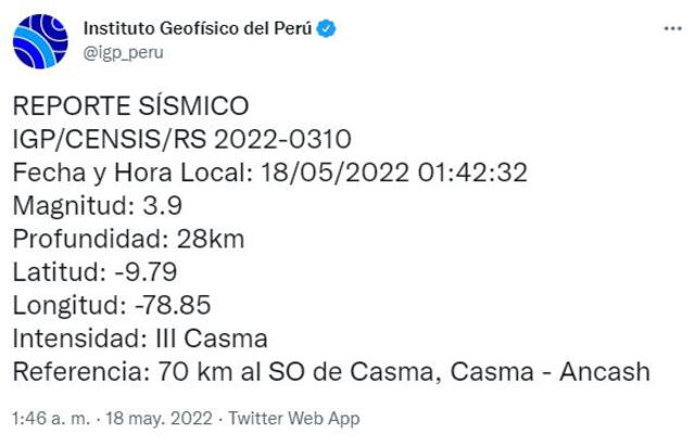 Datos del sismo en Áncash. Foto: Twitter @igp_peru