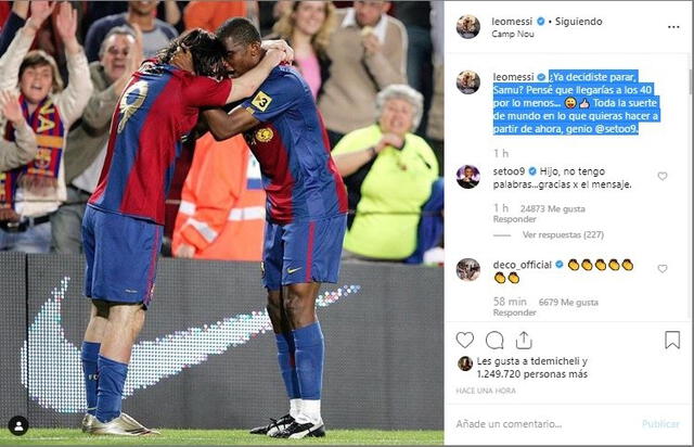 Mensaje de Lionel Messi a Samuel Eto'o en Instagram.