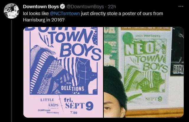 Primer post de Downtown boys sobre denuncia de plagio a SM por póster de NCT 127. Foto: captura Twitter