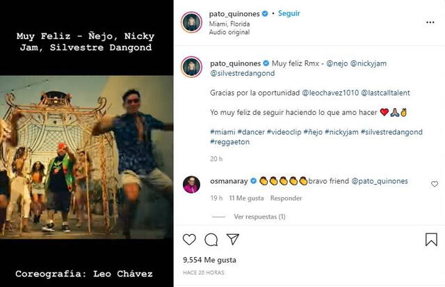 Patricio Quiñones feliz por bailar al lado de Nicky Jam. Foto: Patricio Quiñones/ Instagram