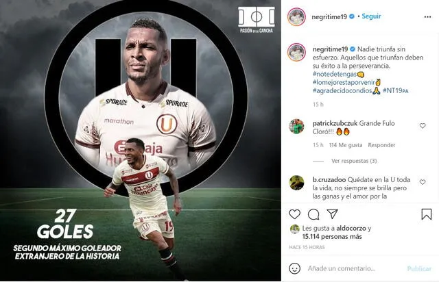 La emotiva publicación de Quintero luego de convertirse en el segundo máximo goleador extranjero de Universitario. Foto: captura Instagram