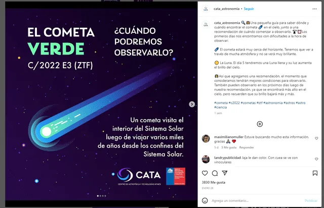  Cometa verde se empezó a observar en Chile este 1 de febrero. Foto: CATA/Instagram    