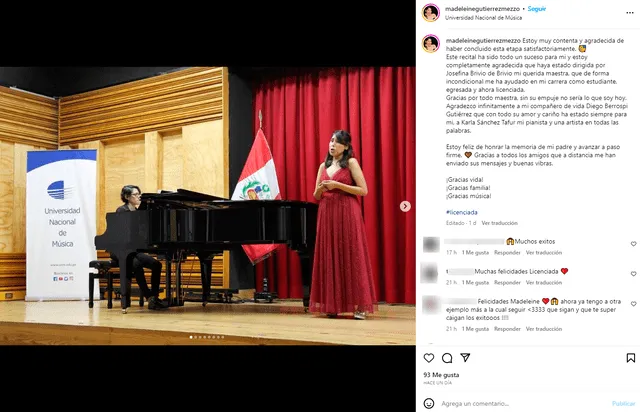 Hija de Tongo se licenció en la Universidad Nacional de Música. Foto: captura de Instagram   