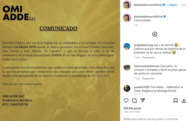  Daniela Darcourt emite comunicado sobre la suspensión de su concierto. Foto: Instagram/Daniela Darcourt    