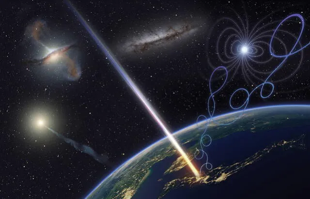  Recreación de un rayo cósmico de ultraalta energía llegando a la Tierra. Foto: Universidad de Osaka 