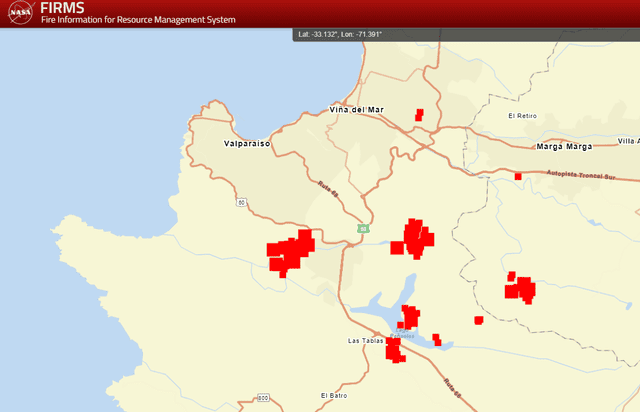 La NASA permite ver el mapa actual de Chile con los incendios registrados en el país. Foto: NASA
