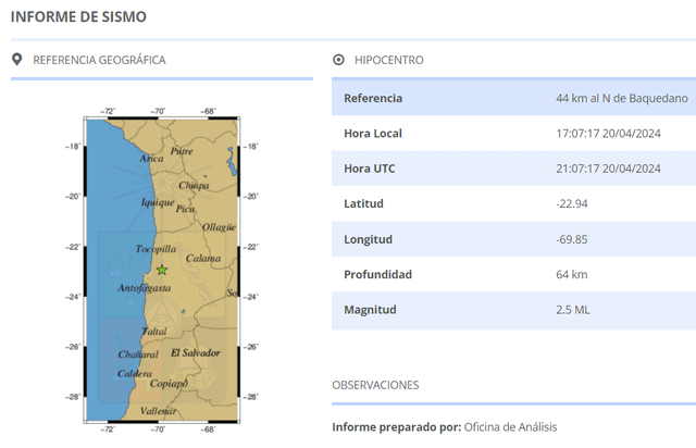  Último sismo en Chile. Foto: CSN &nbsp;          