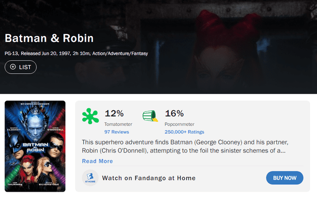 'Batman y Robin' tuvo una pésima acogida por la crítica. Foto: Rotten Tomatoes