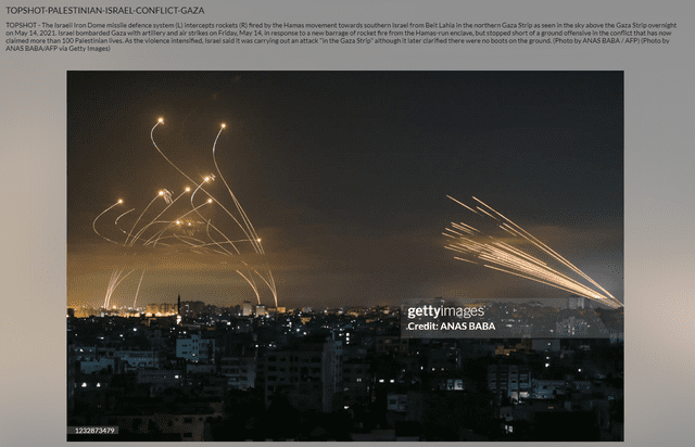  Imagen 1 data de 2021 y muestra a Israel interceptando cohetes de Hamás en Gaza. Foto: Anas Baba / AFP.<br><br>    