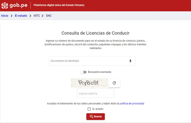 Sistema oficial para consultar la licencia de conducir en el Perú. Foto: captura del MTC.   