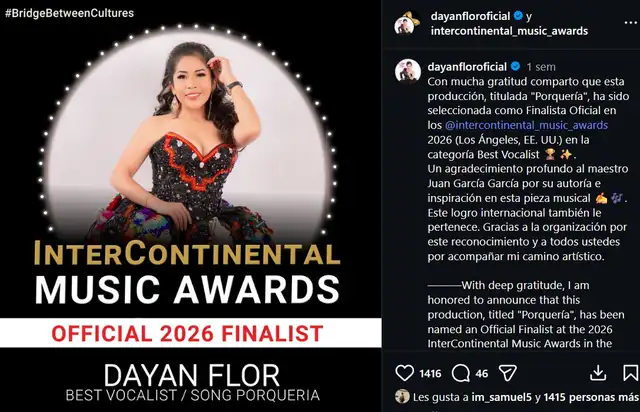 Dayan Flor agradeció a la organización por ser considerada en esta premiación internacional. Foto: Instagram