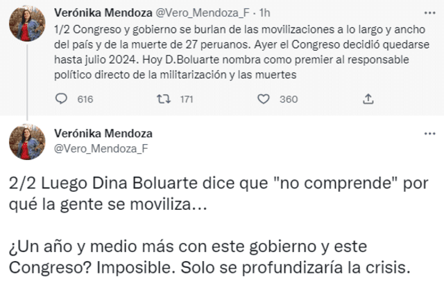 Verónika Mendoza se pronunció sobre Luis Alberto Otárola. Foto: captura de Twitter