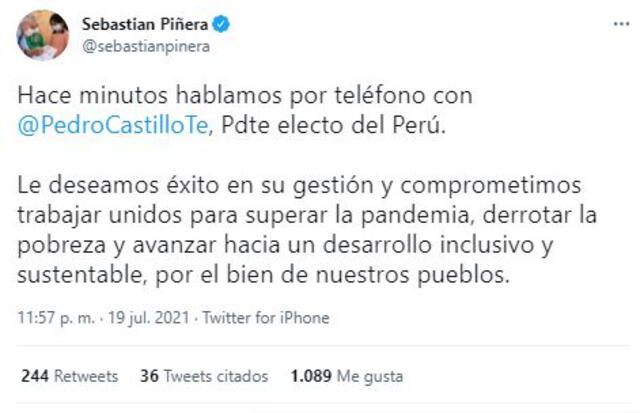 Tuit publicado por Sebastián Piñera luego de ser proclamado Pedro Castillo como presidente electo de Perú. Foto: captura Twitter
