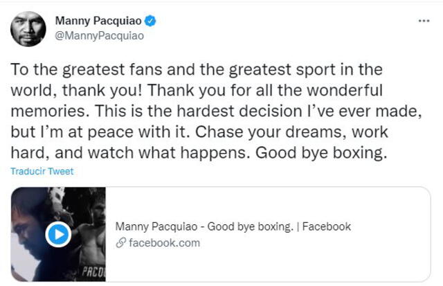 Mensaje de despedida de Manny Pacquiao. Foto: captura Twitter