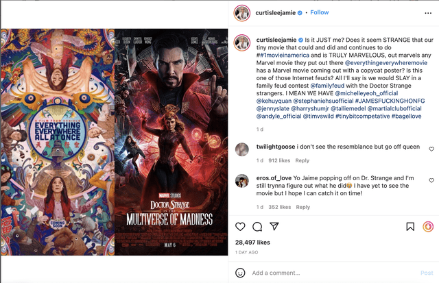 Jamie Lee Curtis acusa a Marvel de copiarle el poster a un reciente estreno de  A24. Foto: Instagram/@curtisleejamie