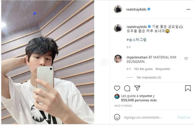 Selfie de Seungmin de Stray Kids en Instagram. Foto: @realstraykids