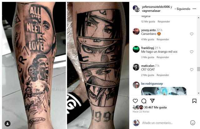 Yeferson Soteldo se tatuó el rostro de reconocidos personajes del anime, a Canserbero y a Cristiano Ronaldo en sus piernas. Foto: Yeferson Soteldo/Instagram   