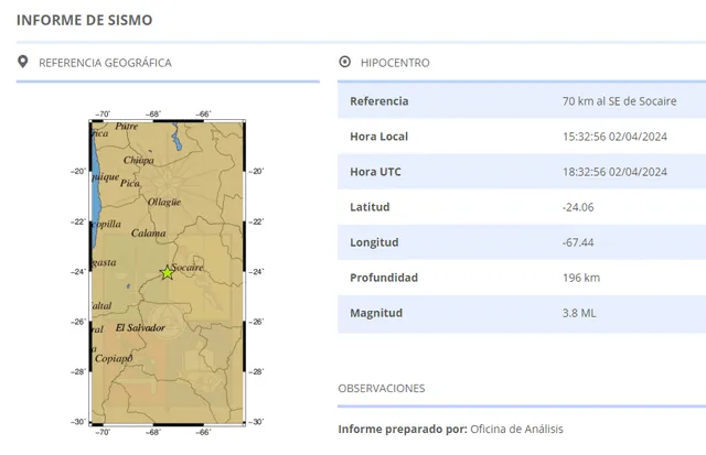 Último temblor hoy en Chile. Foto: CSN