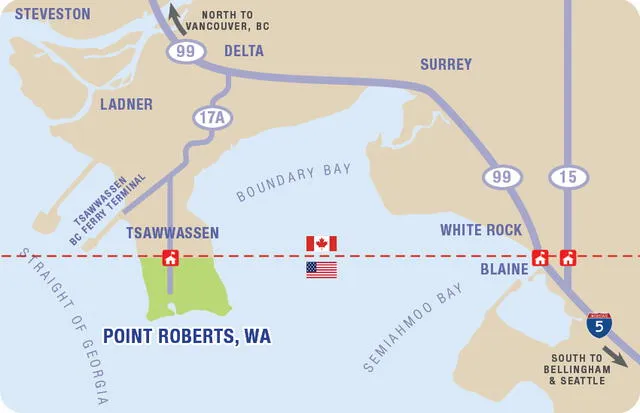 Tras el tratado de Oregón, entre Estados Unidos y Canadá, la península fue dividida en dos, donde Point Roberts quedó aislado de la zona continental estadounidense. Foto: PRCOC    