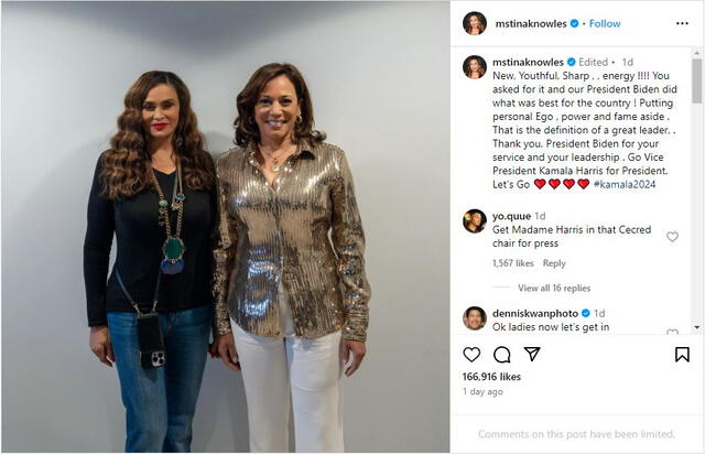  Madre de Beyoncé publicó una fotografía en la que aparece al lado de Kamala Harris. Foto: @mstinaknowles /Instagram    