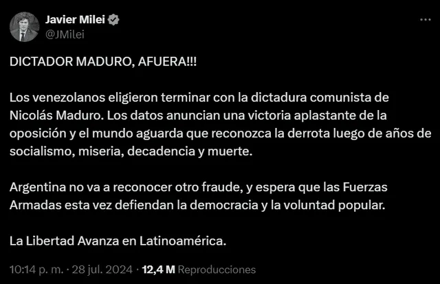 Mensaje de Milei sobre las elecciones de Venezuela, Foto: @JMilei/X   