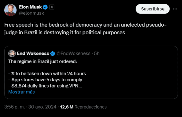  "La libertad de expresión es la base de la democracia y un pseudojuez no electo en Brasil la está destruyendo con fines políticos", escribió el empresario. Foto: captura de X/@elonkmusk   