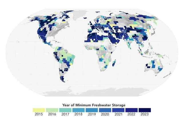  Entre 2015 y 2023, la Tierra perdió en promedio 290 millas cúbicas de agua dulce. Foto: NASA   