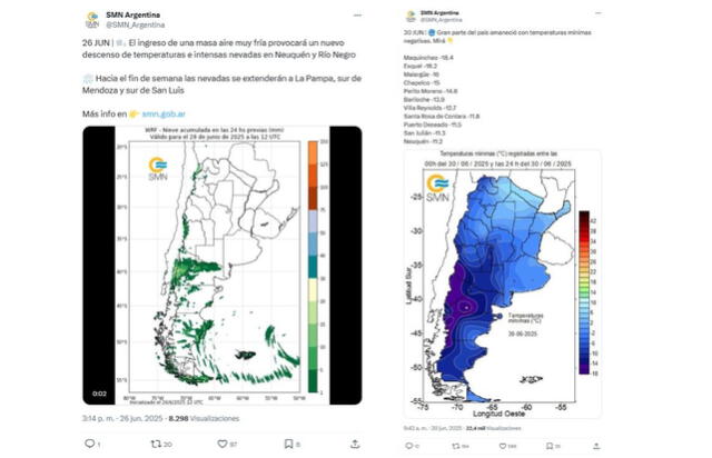 <em>Publicaciones recientes del Servicio Meteorológico de Argentina sobre el alcance de la ola polar. Foto: captura de X</em>   