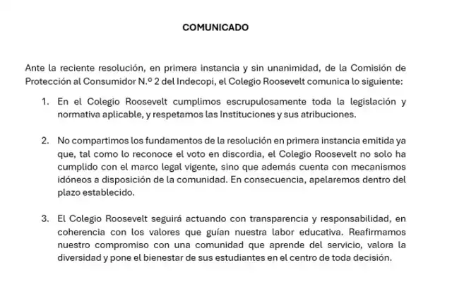 El colegio Roosevelt indicó que apelará la decisión, basándose en el voto en discordia que precisa que no se habría incumplido la norma.   