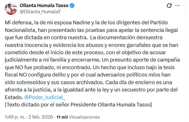 Ollanta Humala se defiende a través de sus redes sociales. Foto: La República. 