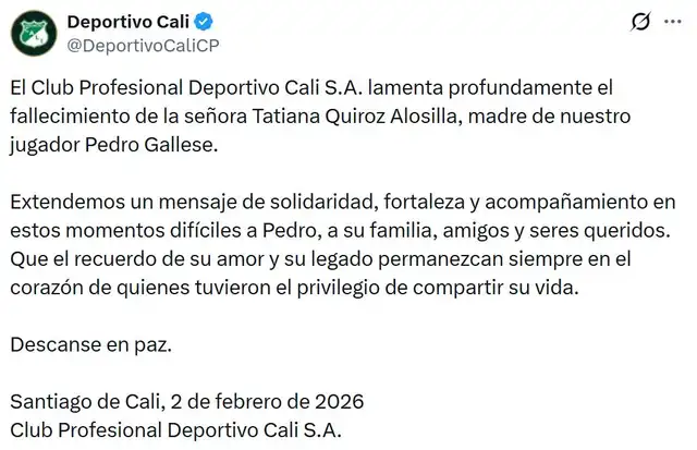 Mensaje de Deportivo Cali tras la muerte de la mamá de Pedro Gallese. Foto: Deportivo Cali.   