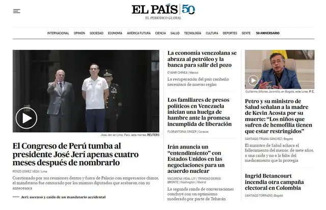 El País destaca en su portada la destitución de José Jerí. Foto: Captura / El País El País destaca en su portada la destitución de José Jerí. Foto: Captura / El País