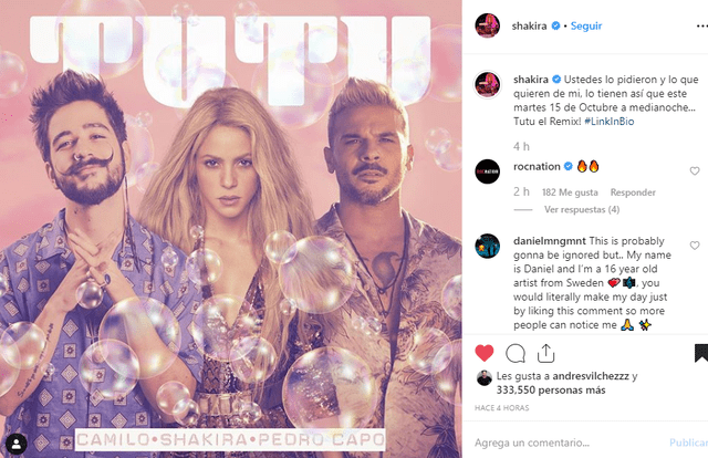 Shakira anuncia colaboración con Camilo por el tema 'Tutu'. Foto: Instagram.