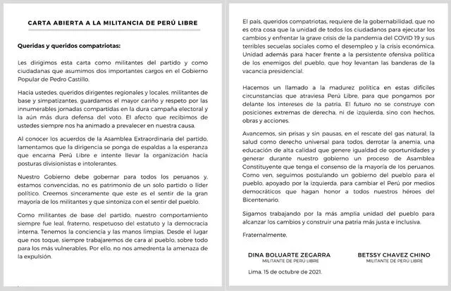 Carta abierta de Dina Boluarte y Betssy Chávez.